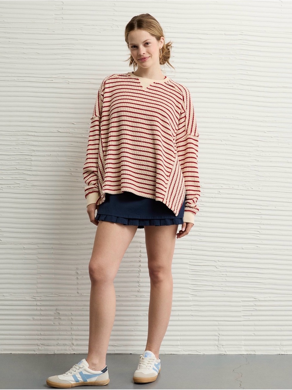 Striped Red and Cream waffle Knit Sweater Top - Women's Casual Pullover
